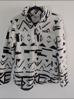 Columbia Fleece Jacket Medium Black White Geometric Sherpa Zip Up Cozy Outdoor